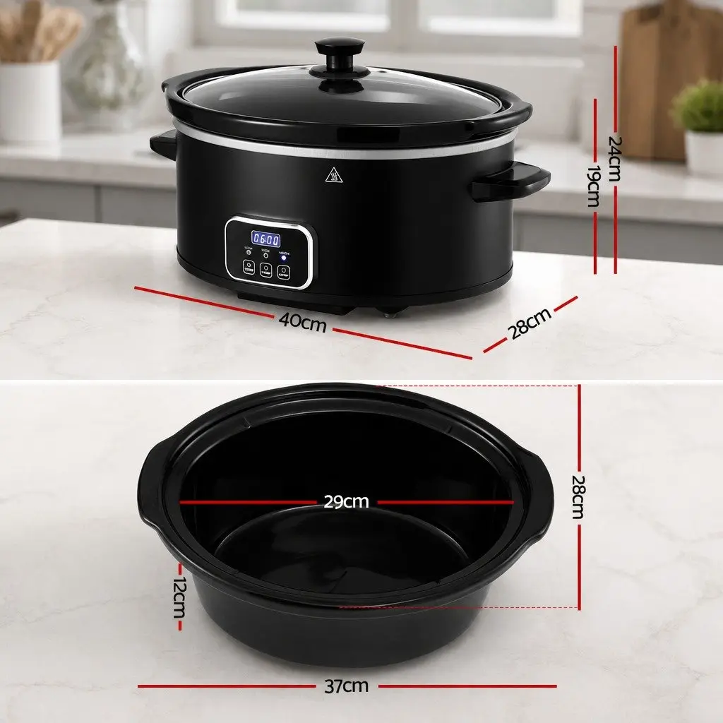 Electric Slow Cooker Black 5.6L Oval 3 Heat Settings Keep Warm Function