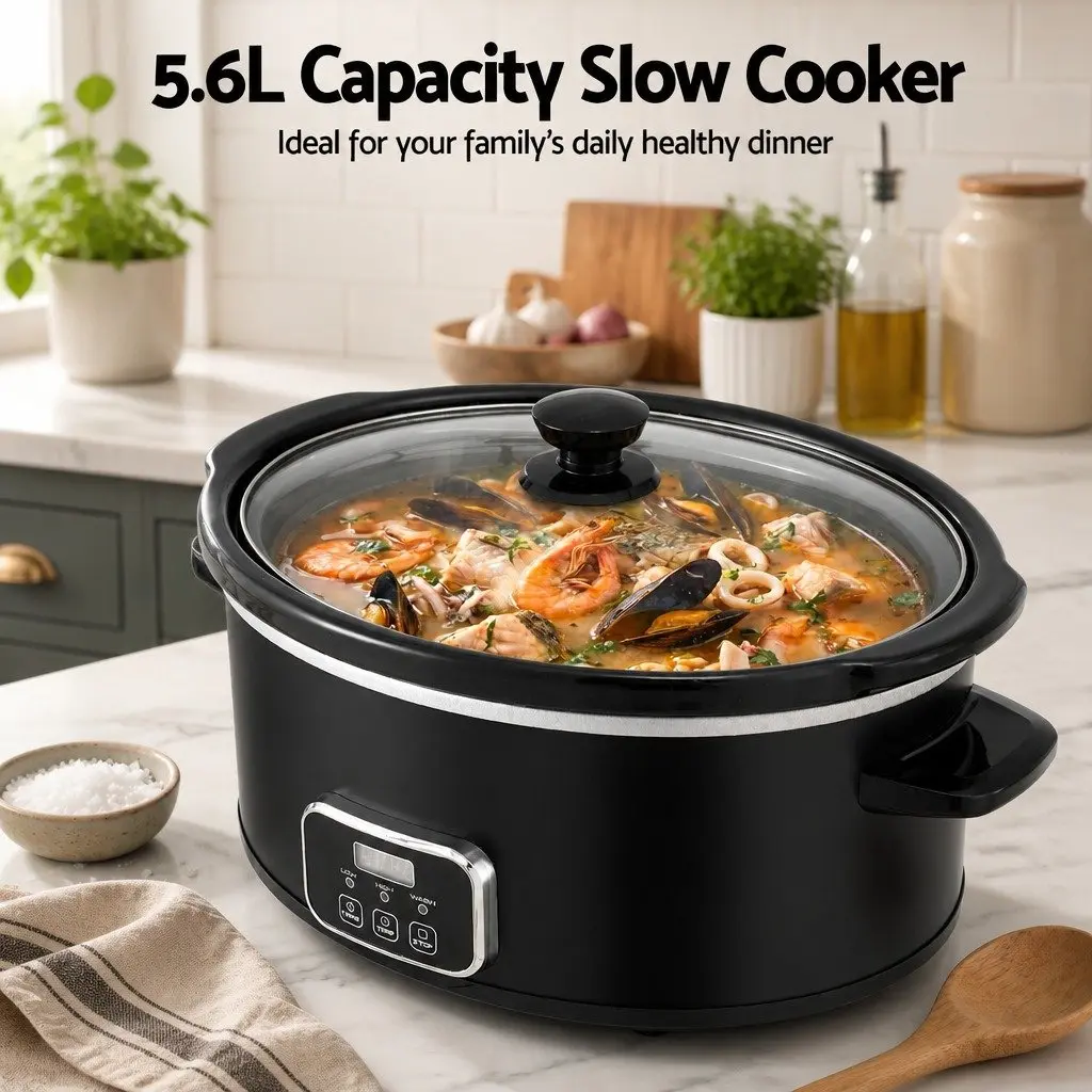 Electric Slow Cooker Black 5.6L Oval 3 Heat Settings Keep Warm Function