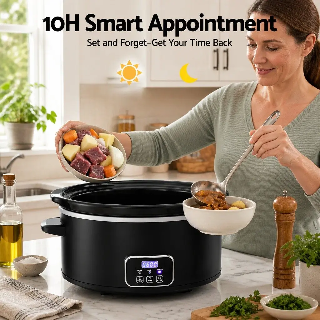 Electric Slow Cooker Black 5.6L Oval 3 Heat Settings Keep Warm Function