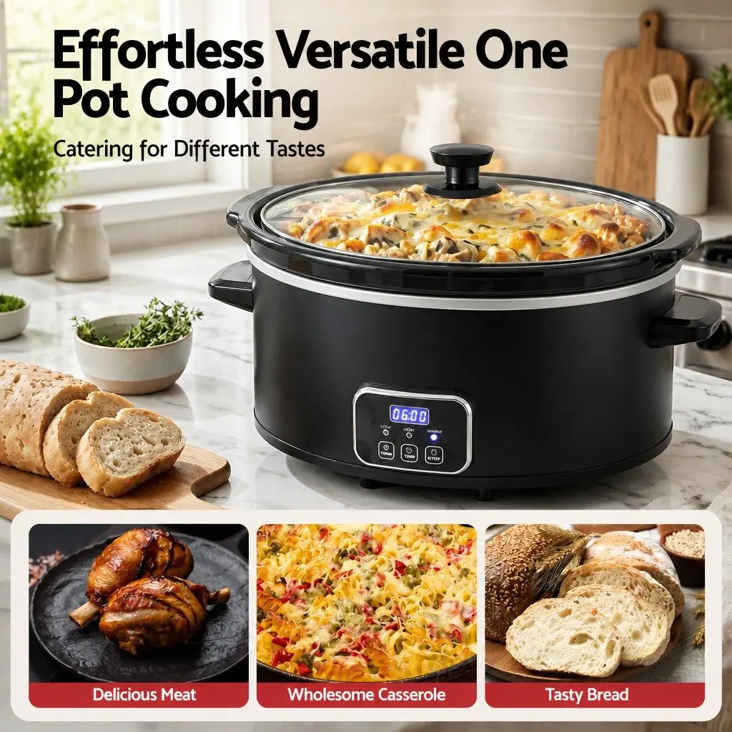 Electric Slow Cooker Black 5.6L Oval 3 Heat Settings Keep Warm Function