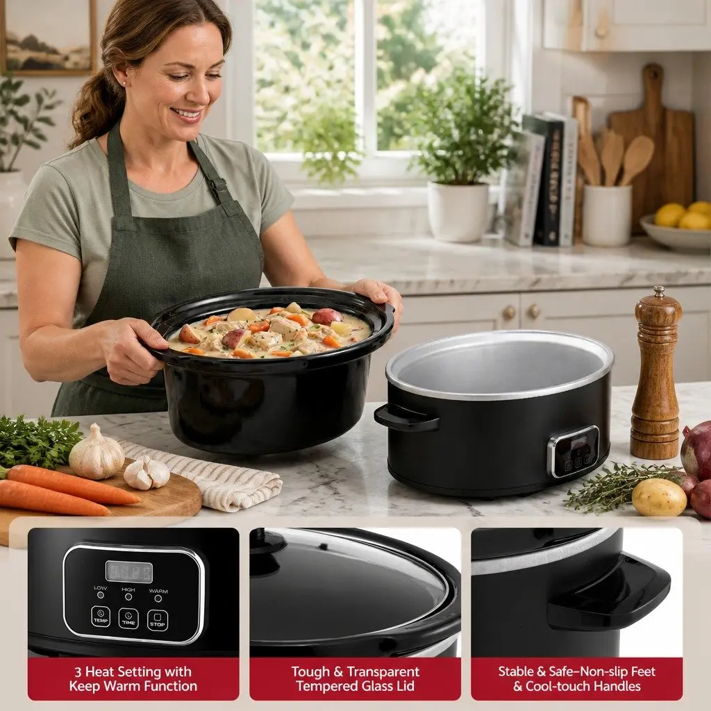Electric Slow Cooker Black 5.6L Oval 3 Heat Settings Keep Warm Function