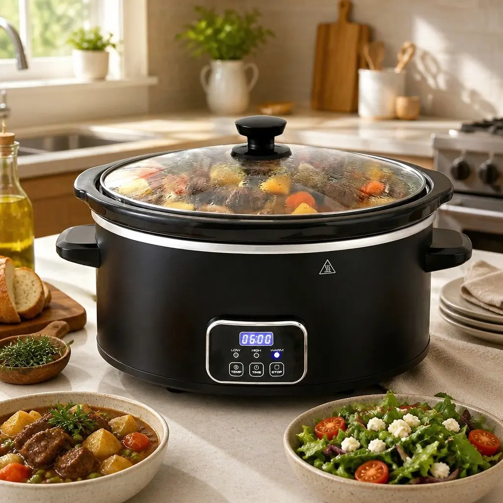Electric Slow Cooker Black 5.6L Oval 3 Heat Settings Keep Warm Function