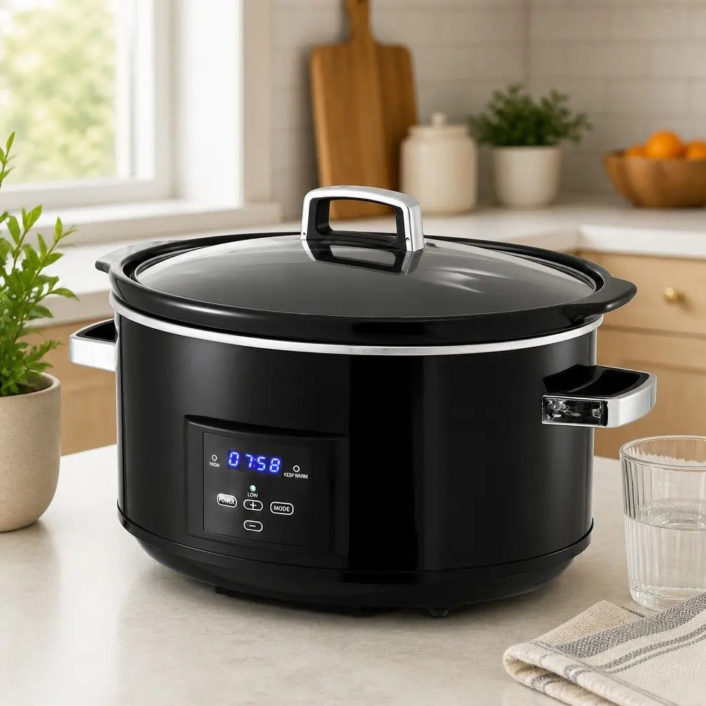 8L Electric Slow Cooker Black Digital Programmable 3 Heat Settings Keep Warm Function