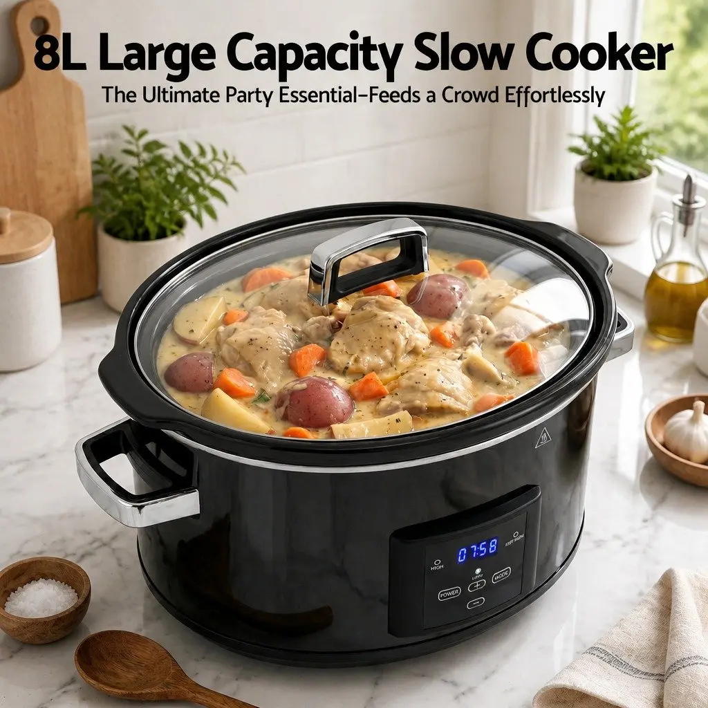 8L Electric Slow Cooker Black Digital Programmable 3 Heat Settings Keep Warm Function
