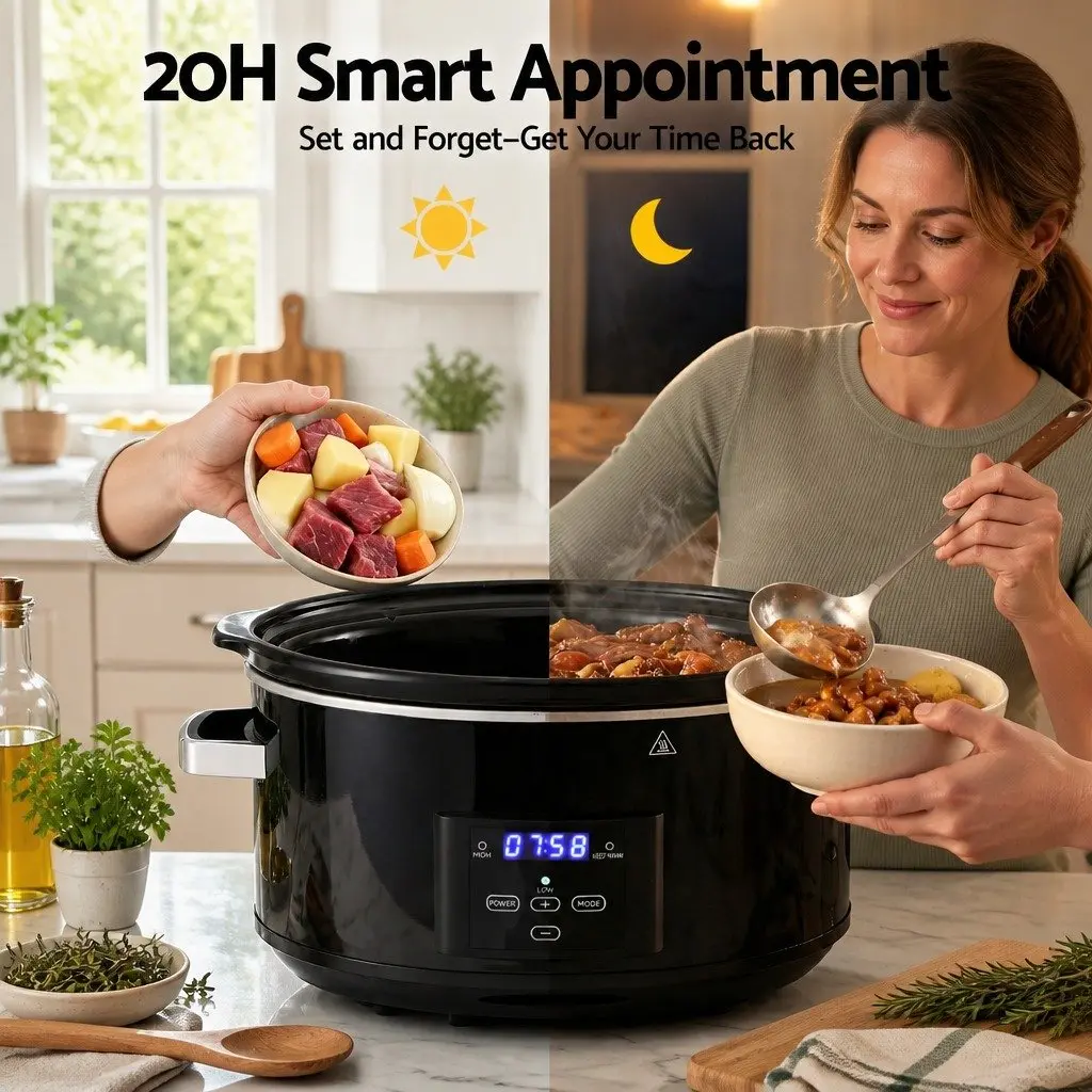 8L Electric Slow Cooker Black Digital Programmable 3 Heat Settings Keep Warm Function