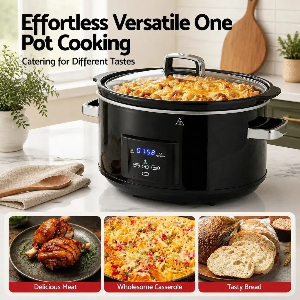 8L Electric Slow Cooker Black Digital Programmable 3 Heat Settings Keep Warm Function