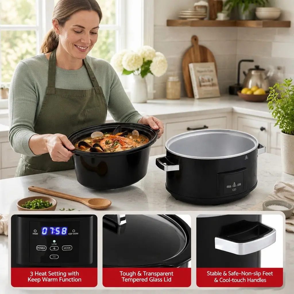 8L Electric Slow Cooker Black Digital Programmable 3 Heat Settings Keep Warm Function