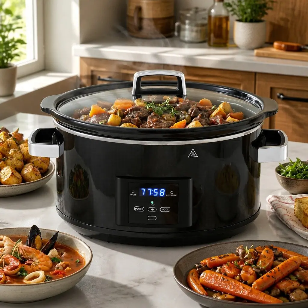 8L Electric Slow Cooker Black Digital Programmable 3 Heat Settings Keep Warm Function