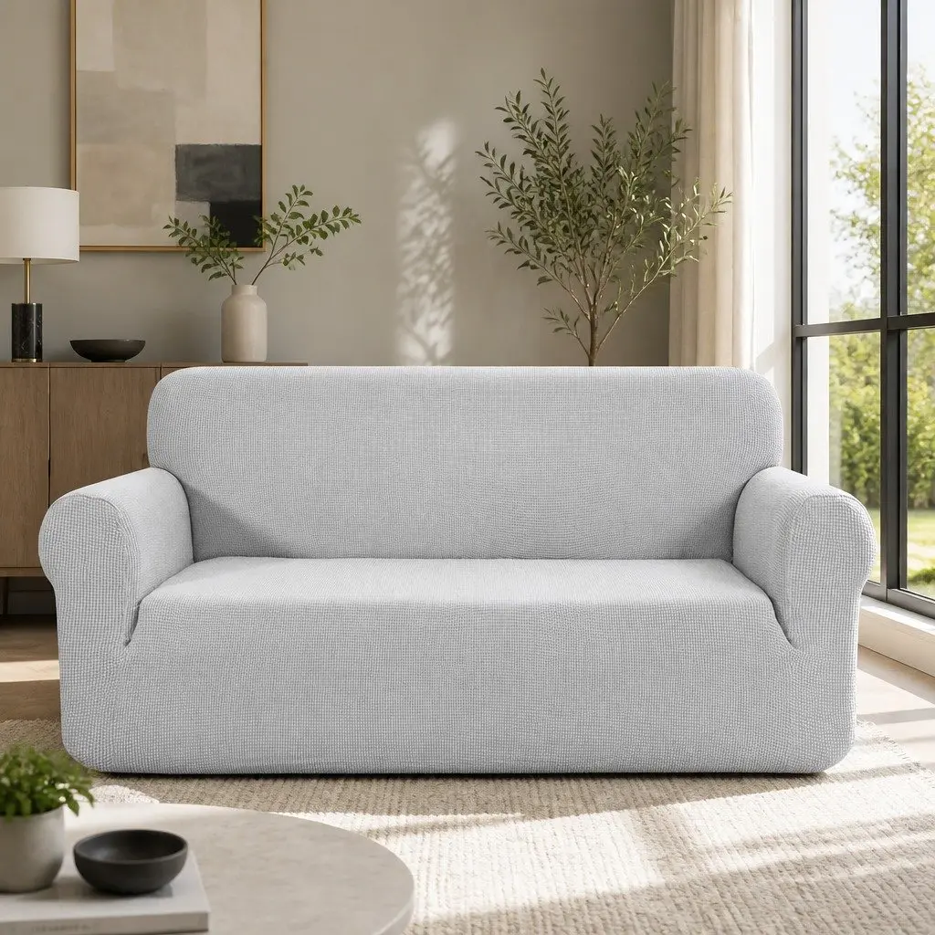 3 Seater Sofa Cover Grey High Stretch Machine Washable Couch Protector