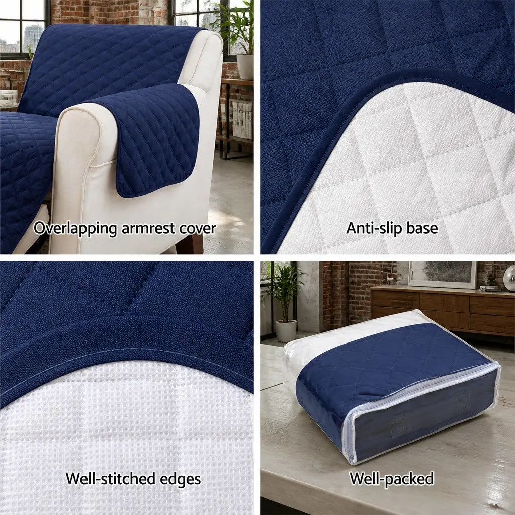 3 Seater Sofa Cover Navy Quilted Microfibre Anti-Slip
