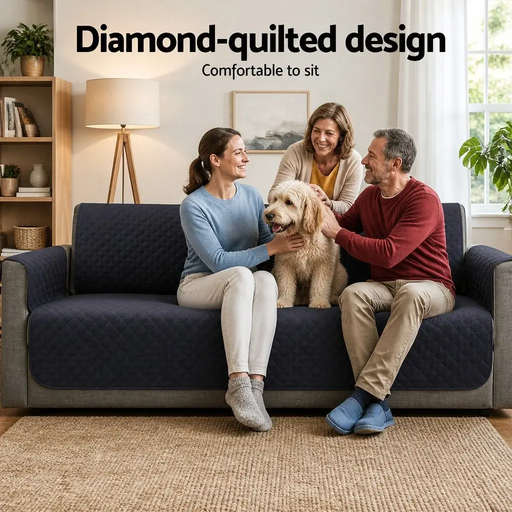 4 Seater Sofa Cover Water Resistant Diamond Quilted Design Anti-slip Dark Grey
