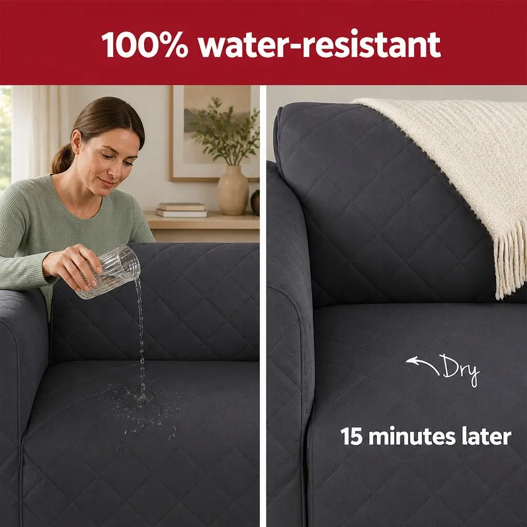 4 Seater Sofa Cover Water Resistant Diamond Quilted Design Anti-slip Dark Grey