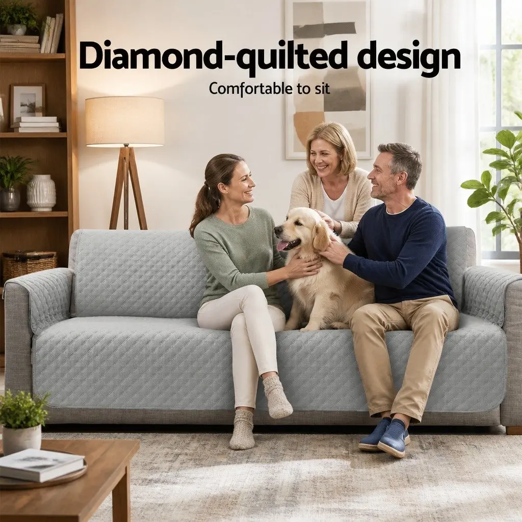 4 Seater Sofa Cover Grey Water Resistant Diamond Quilted Couch Protector