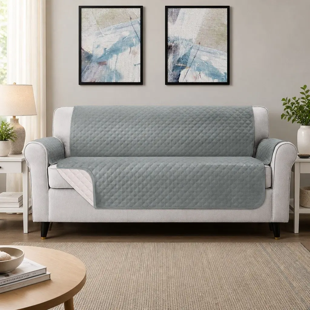 4 Seater Sofa Cover Grey Water Resistant Diamond Quilted Couch Protector