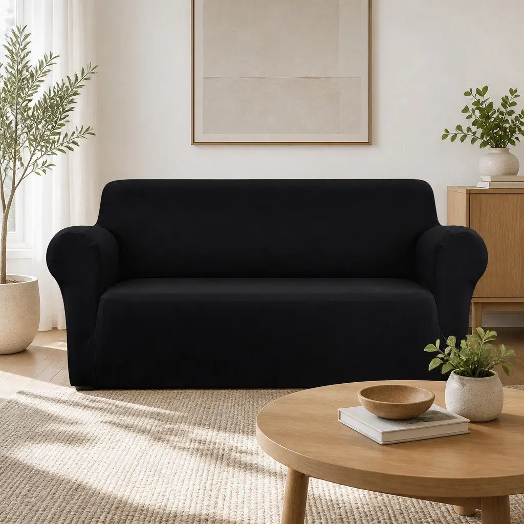 Sofa Cover Couch Covers 3 Seater Stretch Knitted Fabric Black Easy Installation