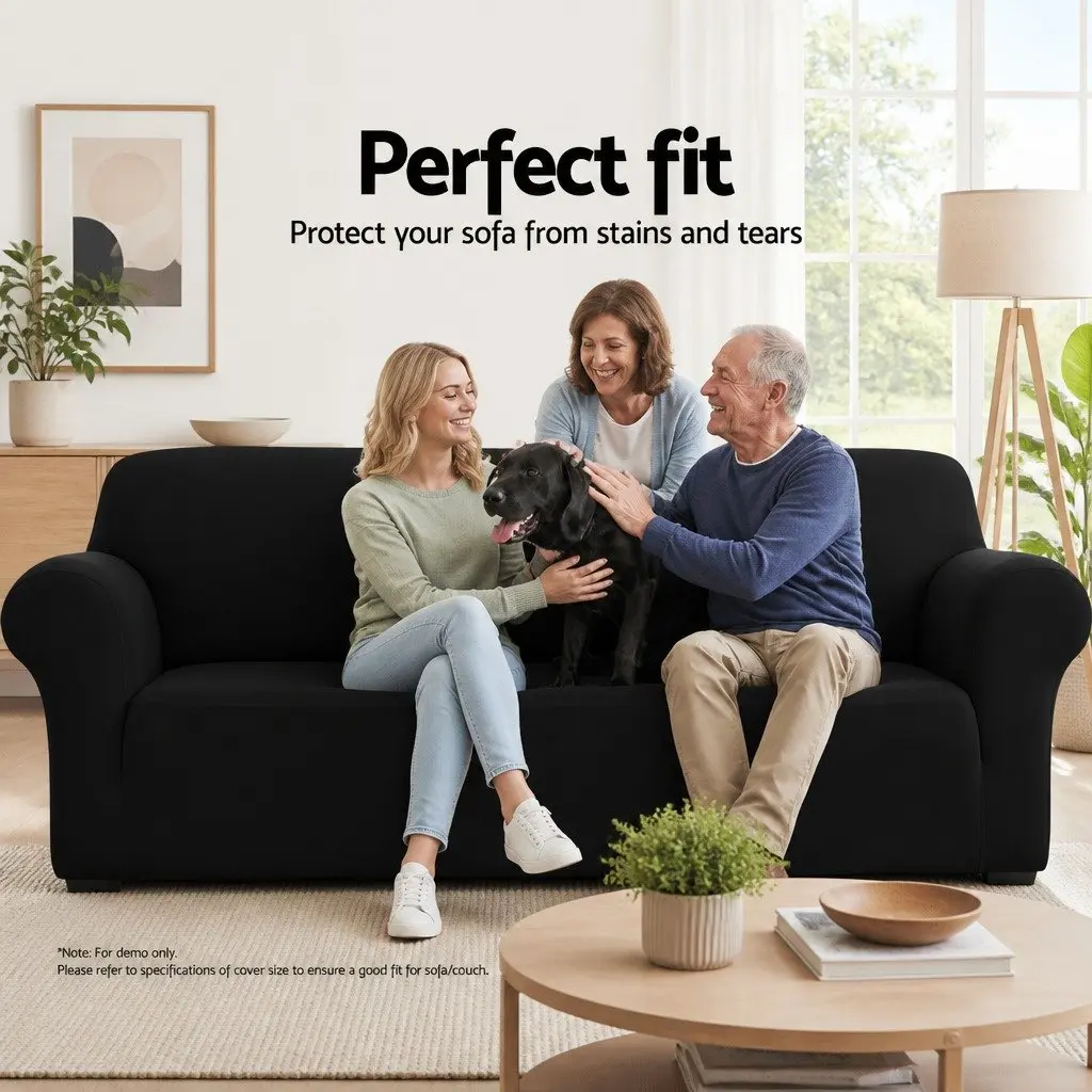 Sofa Cover Black 3 Seater Stretch Knitted Fabric Easy Installation