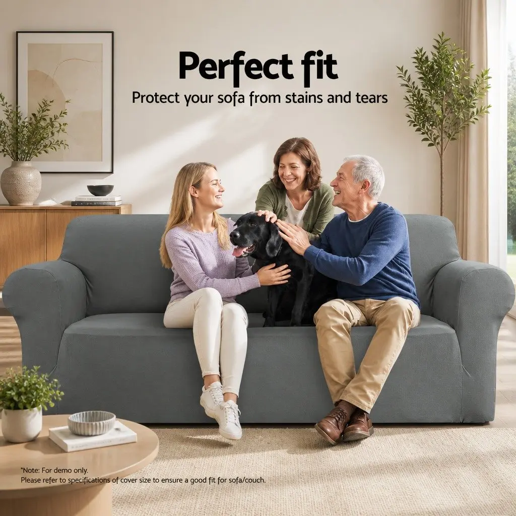 3 Seater Sofa Cover Grey Stretch Knitted Fabric Easy Installation