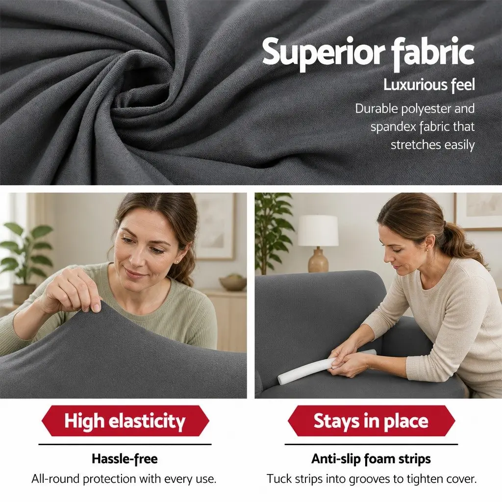 3 Seater Sofa Cover Grey Stretch Knitted Fabric Easy Installation