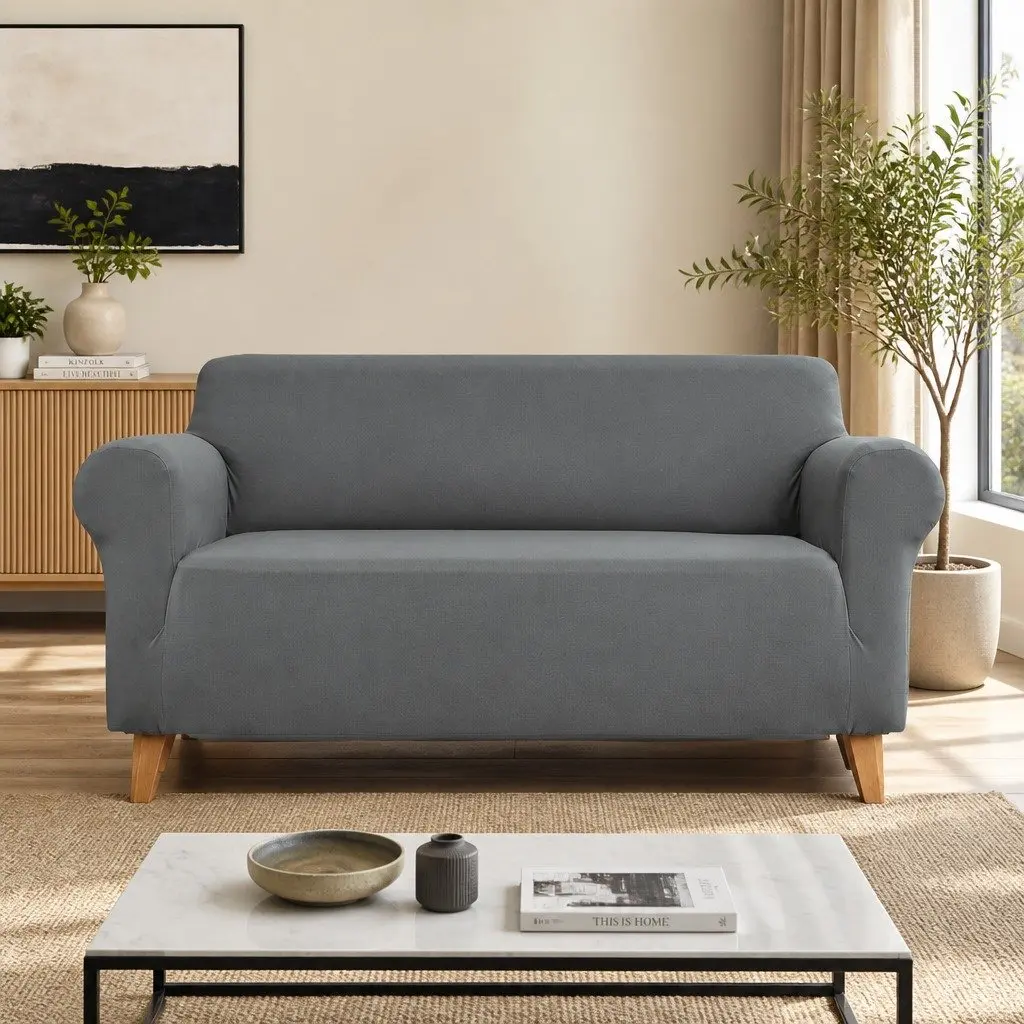 3 Seater Sofa Cover Grey Stretch Knitted Fabric Easy Installation