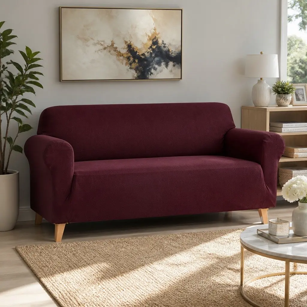 Sofa Cover Burgundy 3 Seater Stretch Knitted Fabric