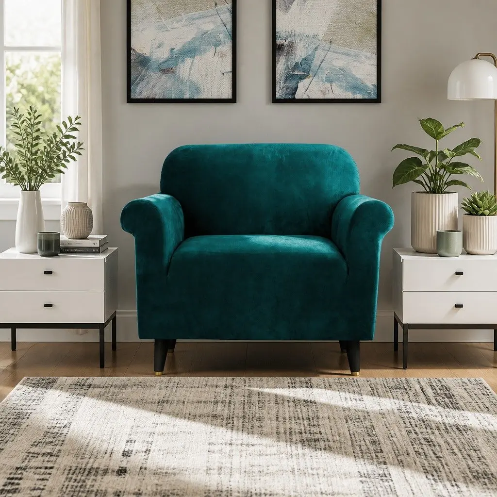 1 Seater Sofa Cover Agate Green Velvet Stretch Slipcover Machine Washable