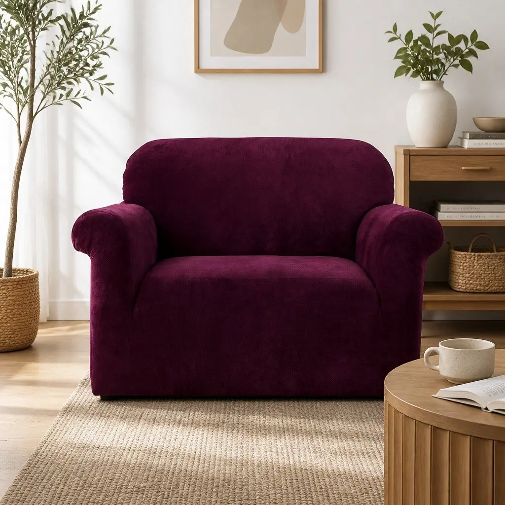 1 Seater Sofa Cover Ruby Red Velvet Stretchable Furniture Protector
