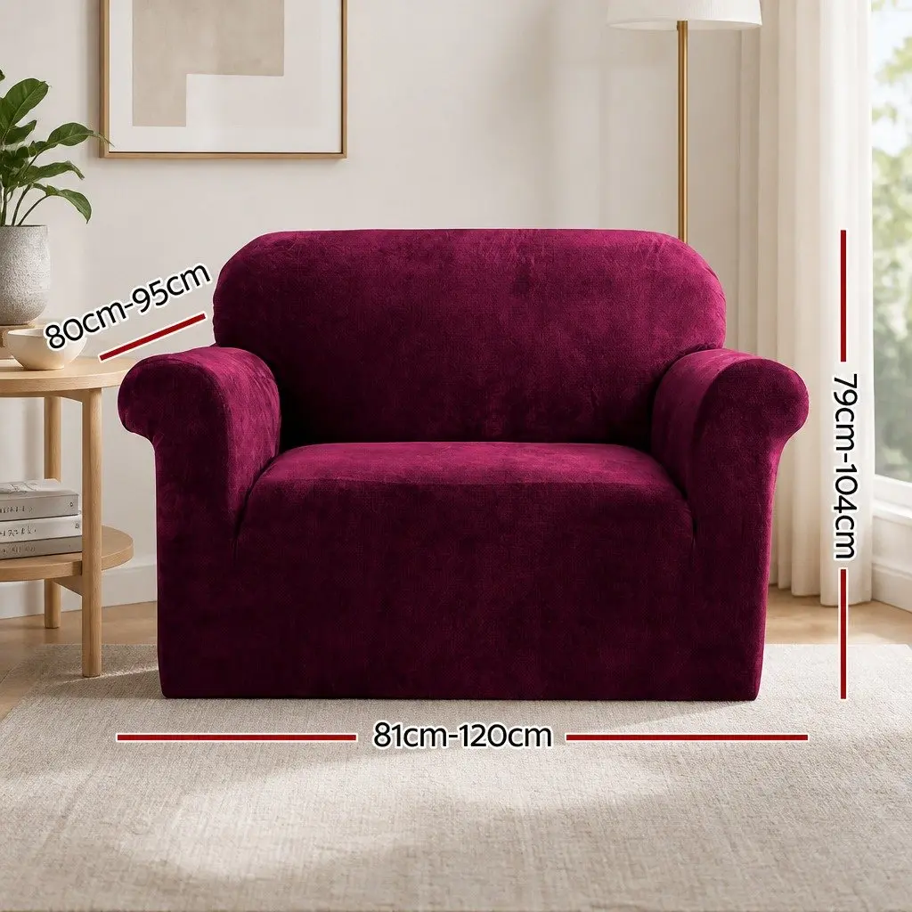 1 Seater Sofa Cover Ruby Red Velvet Stretchable Furniture Protector
