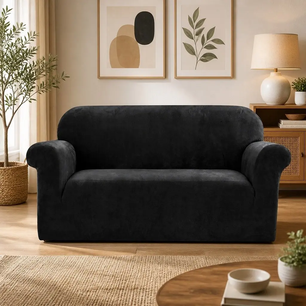 Sofa Cover Black 2 Seater Stretch Velvet Washable Furniture Protector