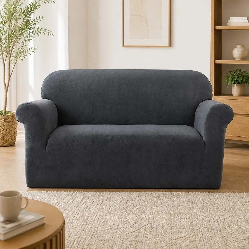 2 Seater Sofa Cover Grey Velvet Stretchable Furniture Protection