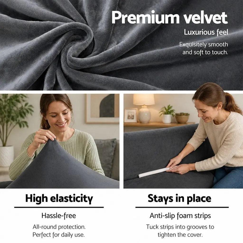 2 Seater Sofa Cover Grey Velvet Stretchable Furniture Protection