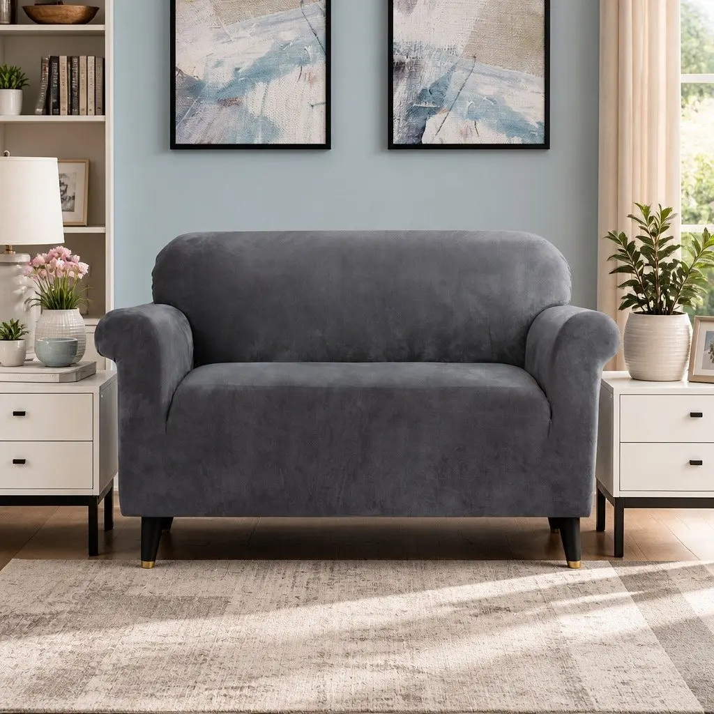 2 Seater Sofa Cover Grey Velvet Stretchable Furniture Protection