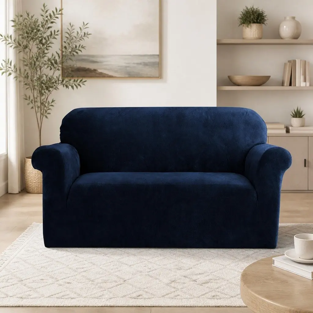 Sofa Cover Navy Blue 2 Seater Stretch Velvet Protector Anti Slip Machine Washable