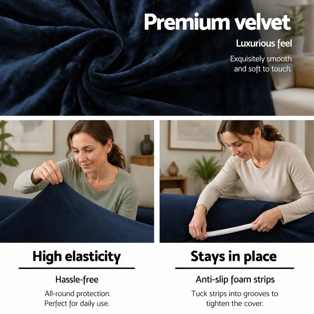 Sofa Cover Navy Blue 2 Seater Stretch Velvet Protector Anti Slip Machine Washable