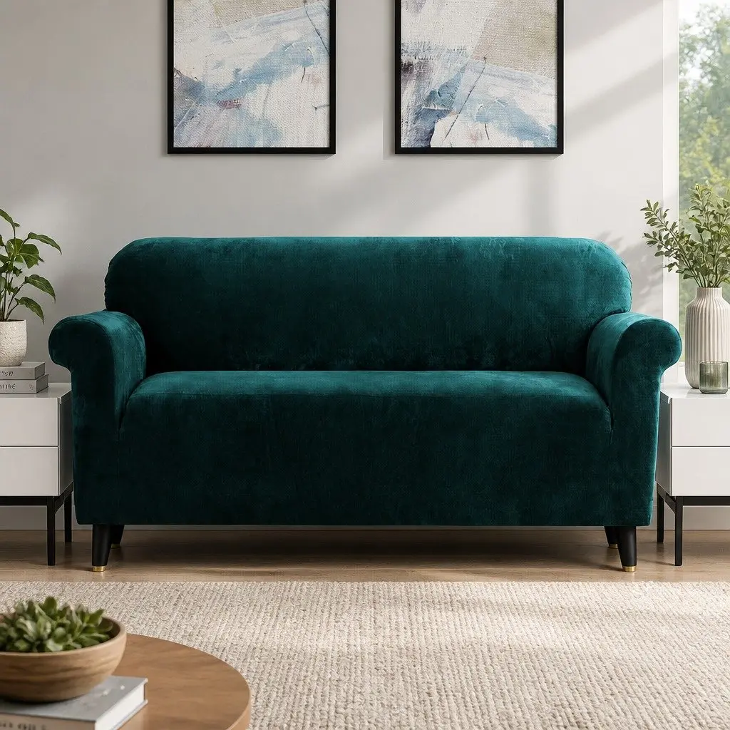 3 Seater Sofa Cover Agate Green Velvet Stretch Slipcover