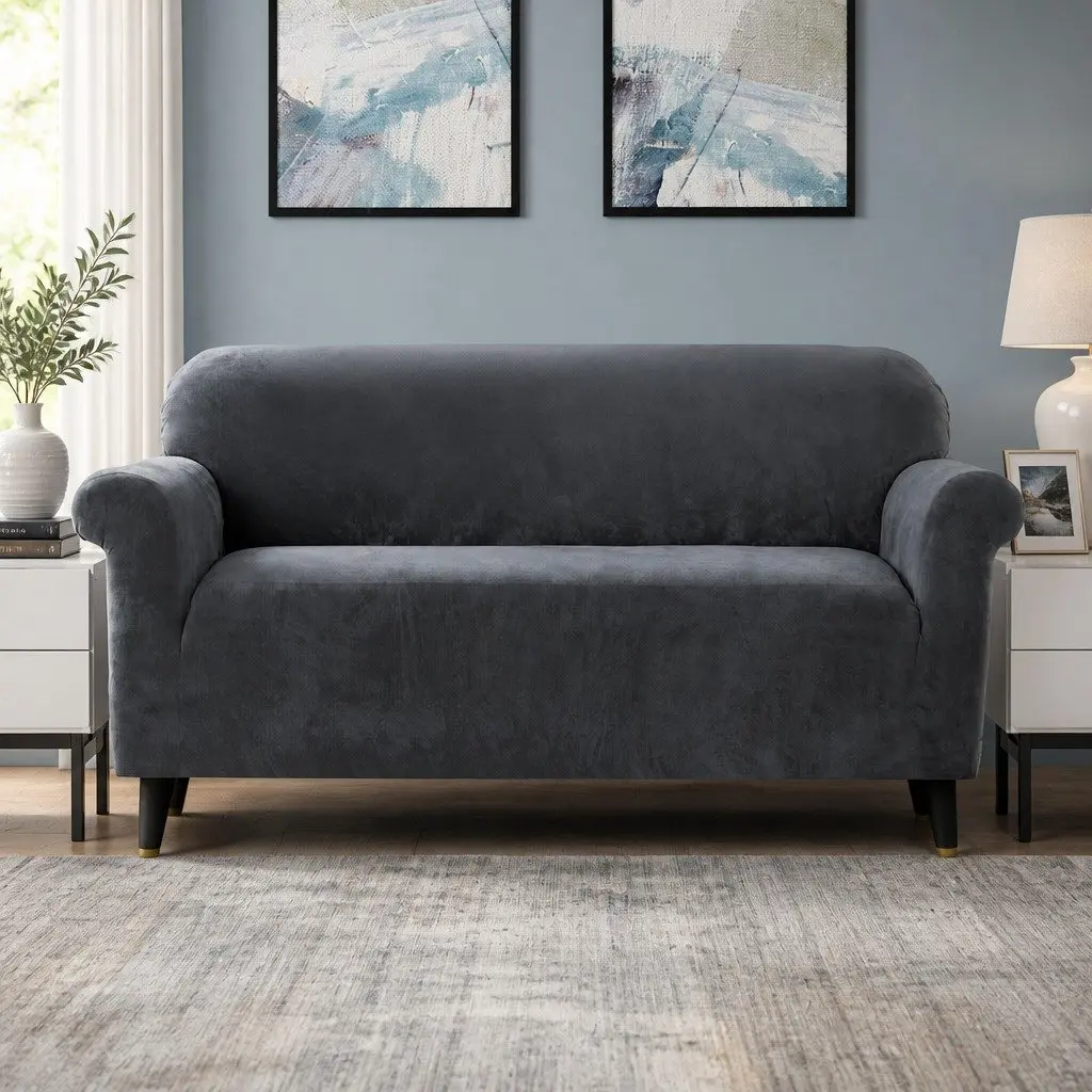 3 Seater Sofa Cover Grey Velvet Stretch Furniture Protection