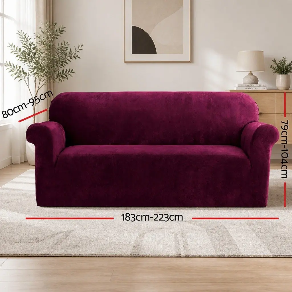 3 Seater Sofa Cover Velvet Stretch Couch Protector Anti-slip Ruby Red