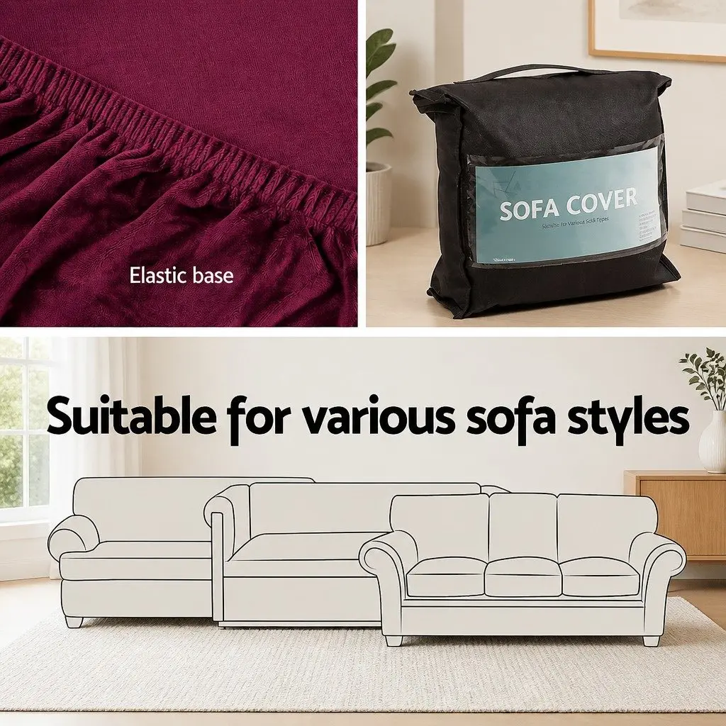 3 Seater Sofa Cover Velvet Stretch Couch Protector Anti-slip Ruby Red