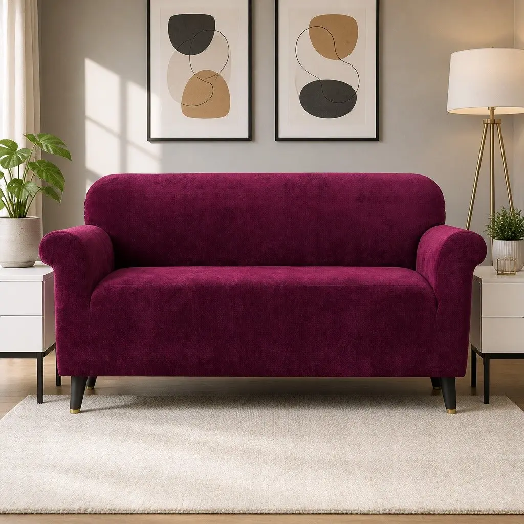 3 Seater Sofa Cover Velvet Stretch Couch Protector Anti-slip Ruby Red