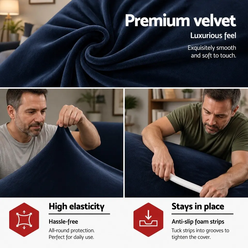 3 Seater Sofa Cover Navy Blue Stretch Elastic Anti-Slip Washable Velvet Couch Protector