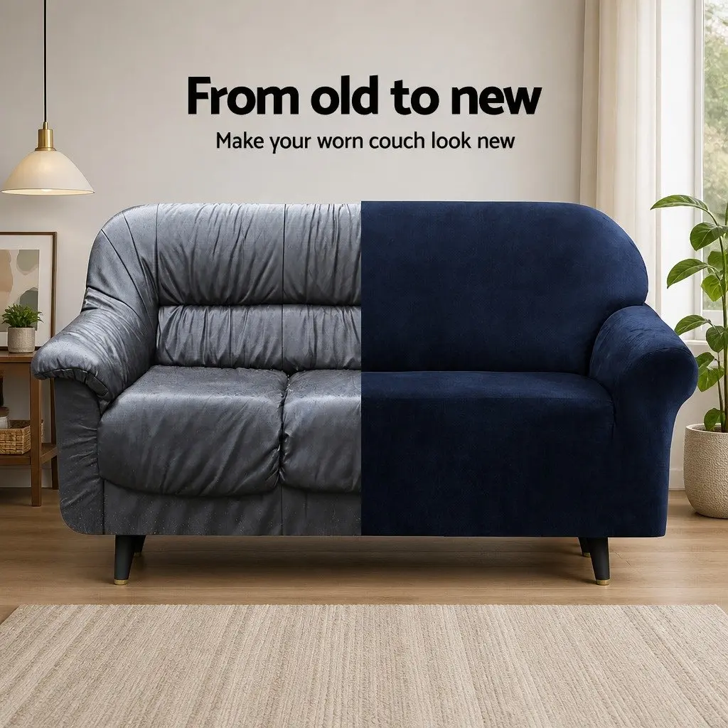 3 Seater Sofa Cover Navy Blue Stretch Elastic Anti-Slip Washable Velvet Couch Protector