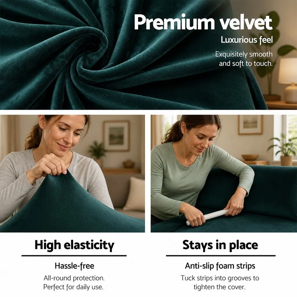 4 Seater Sofa Cover Agate Green Velvet Stretch Machine Washable