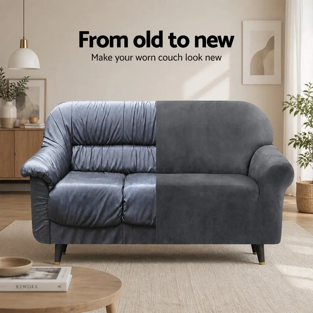 4 Seater Sofa Cover Grey Velvet Stretchable Anti-slip Elastic