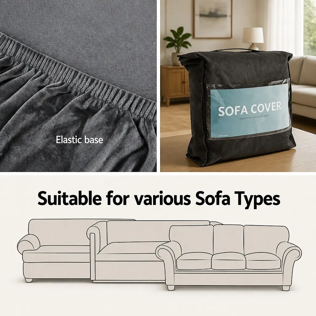 4 Seater Sofa Cover Grey Velvet Stretchable Anti-slip Elastic