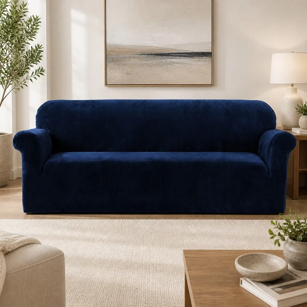 4 Seater Sofa Cover Navy Blue Stretchable Anti-Slip Velvet Couch Protector