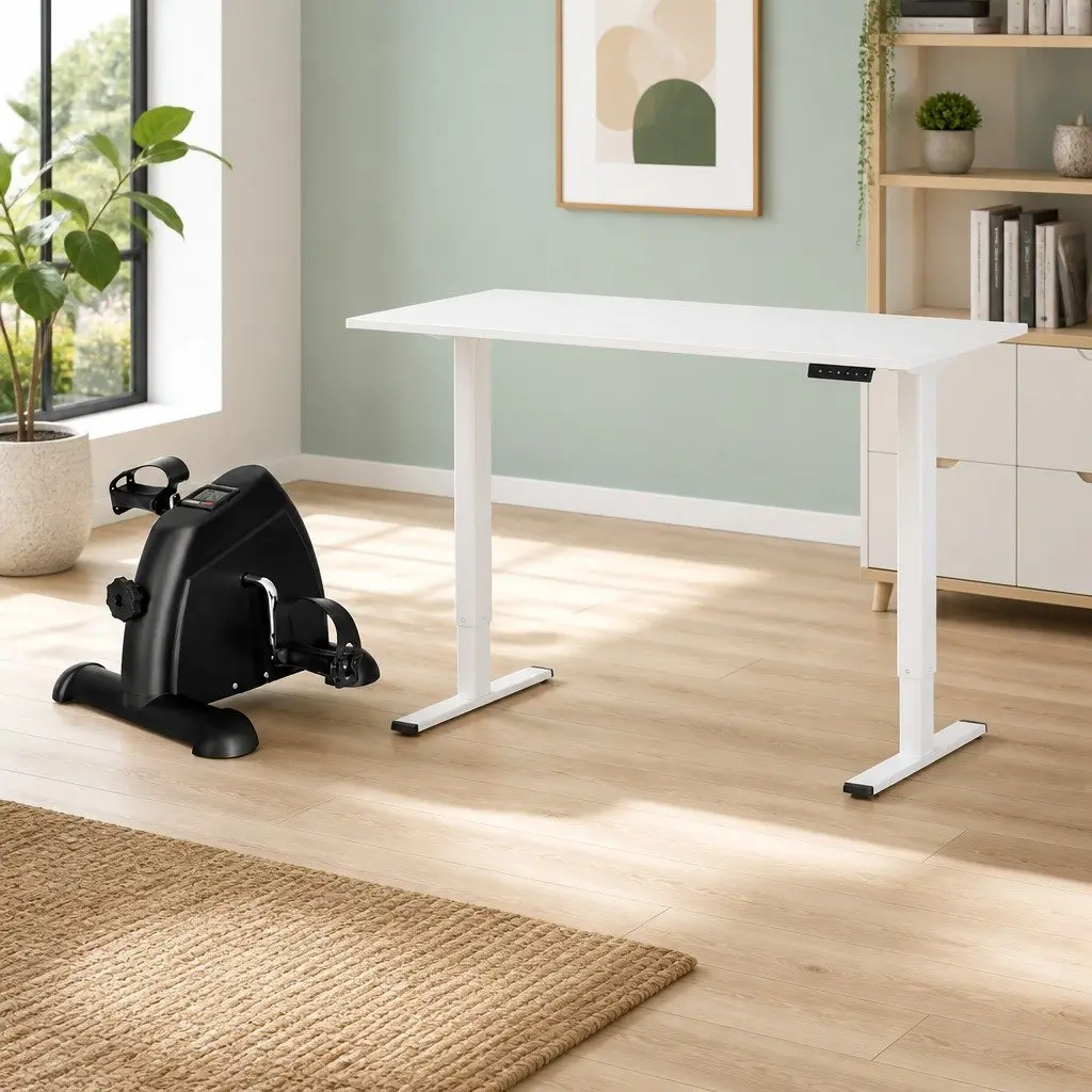 Electric Standing Desk White 120cm with Under Desk Pedal Exercise Bike Adjustable Height Motorised Control Panel