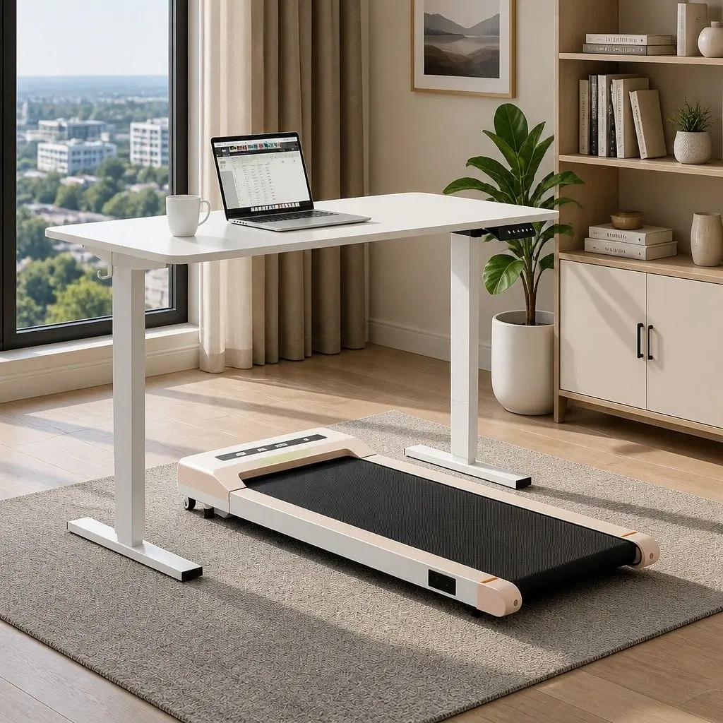 Electric Standing Desk Treadmill Combo White 140cm Motorised Height Adjustable with Walking Pad