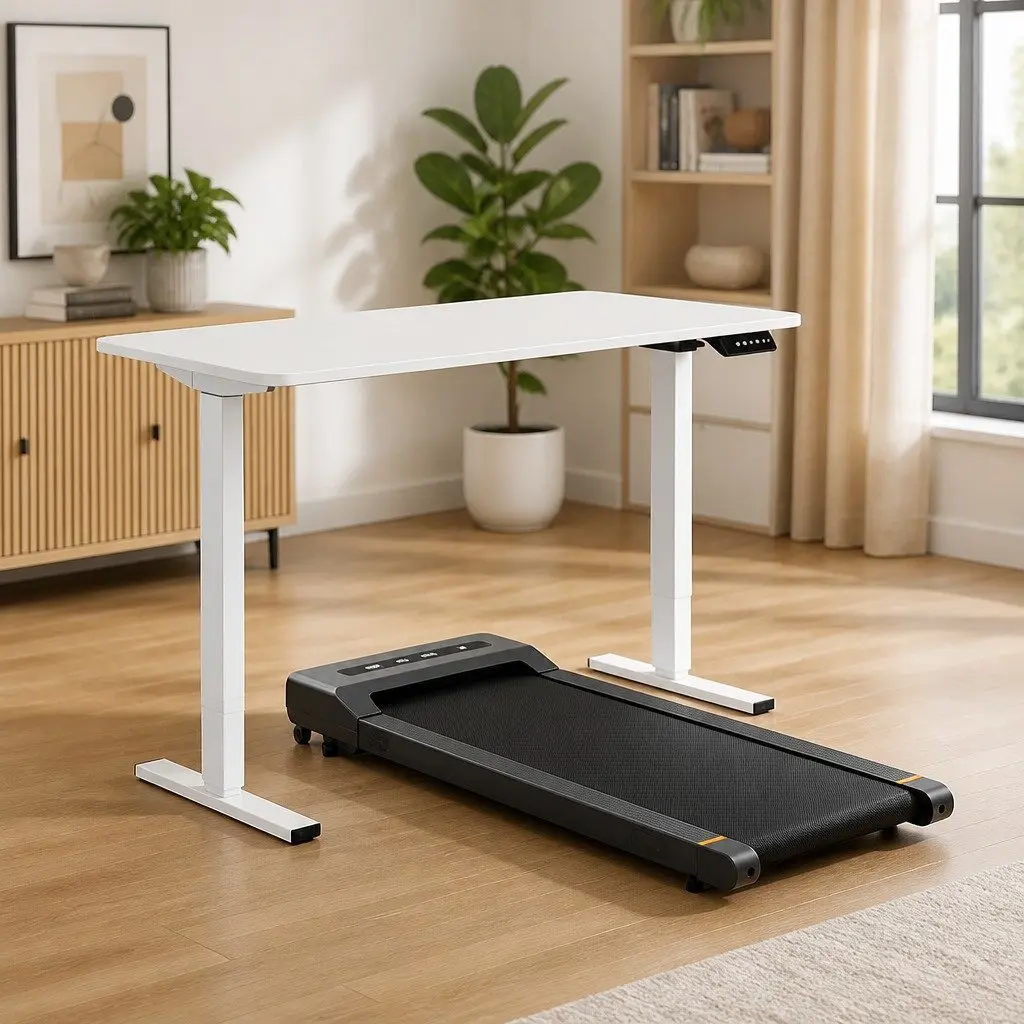 Electric Standing Desk Treadmill Combo White 140cm Motorised Height Adjustable with Bluetooth Control