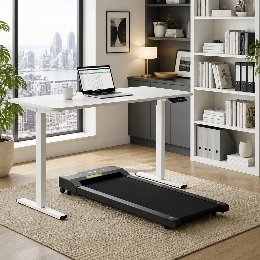 Electric Standing Desk Treadmill Combo White 140cm Motorised Height Adjustable with Bluetooth Control
