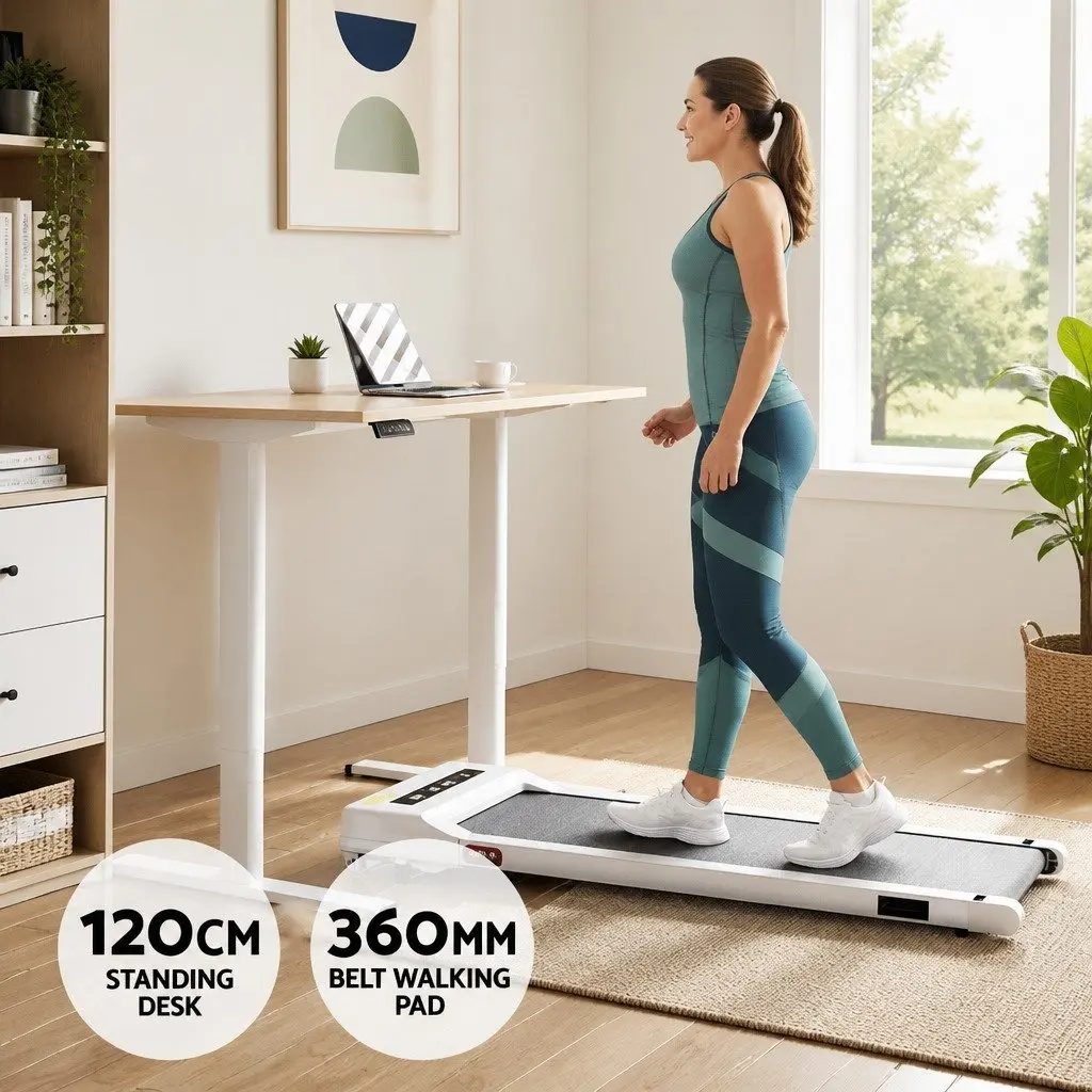 Electric Standing Desk White 120cm Motorised Height Adjustment with Integrated Treadmill Walking Pad