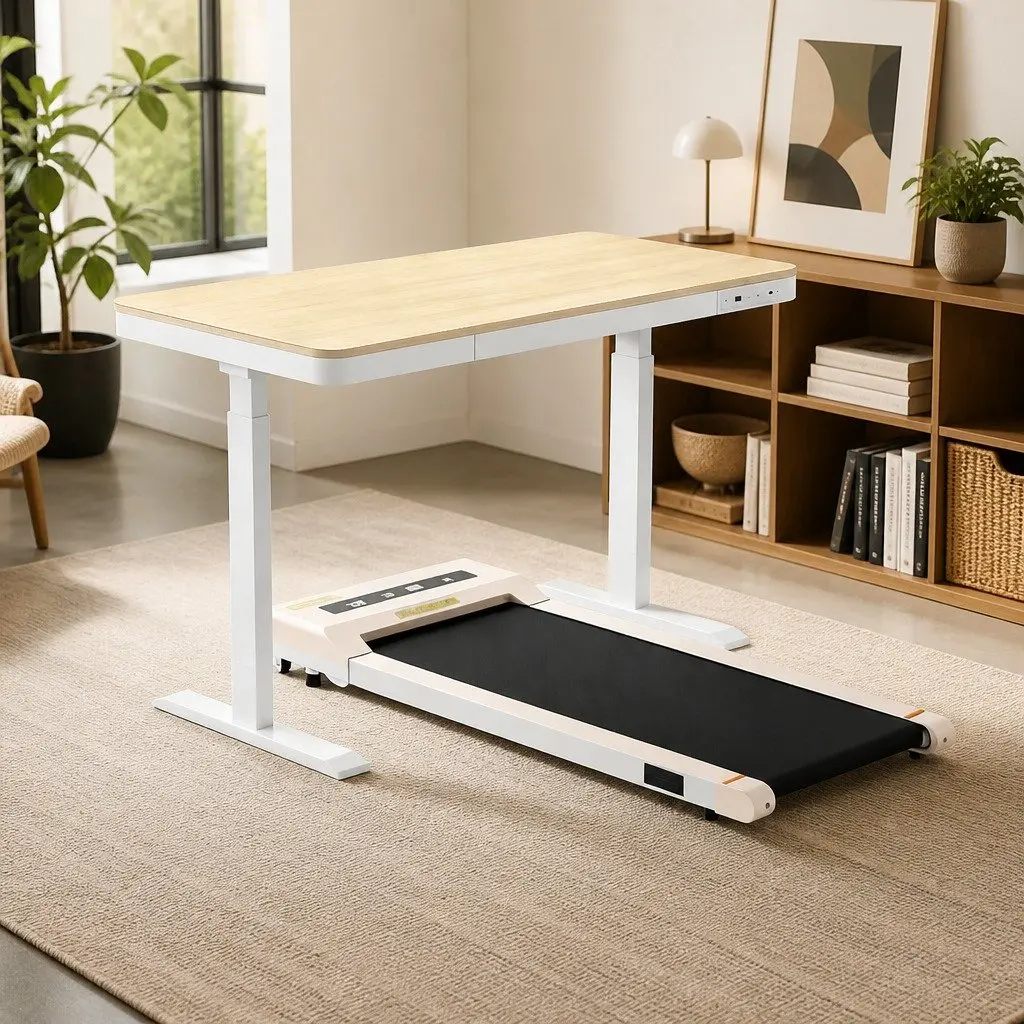 Electric Standing Desk Treadmill Combo White Oak 120cm Adjustable Height Integrated Walking Pad